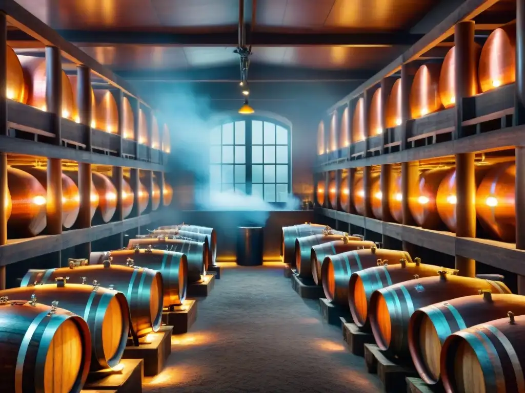 Destilería vintage: Tradición y destreza en la destilación de cobre Atmósfera de tradición y maestría en destilería vintage con alambiques de cobre relucientes, barricas de roble añejo y destilador cuidadoso