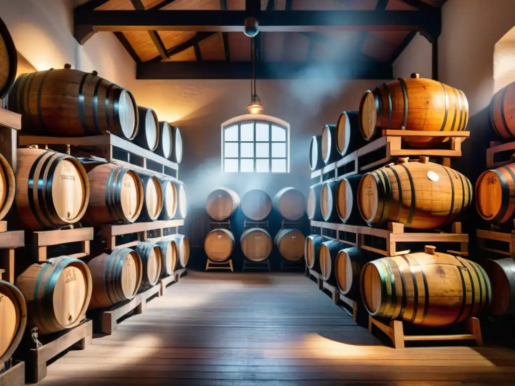 Antigua bodega de barricas de madera en penumbra Atmósfera nostálgica de una antigua bodega de madera con barriles apilados, iluminada por cálida luz dorada filtrada por pequeñas ventanas