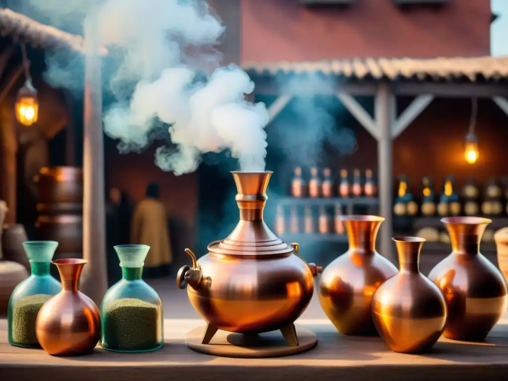 Destilación árabe antigua: mercado medieval y tecnología Avances científicos en destilación de bebidas: Antiguo alambique árabe en bullicioso mercado medieval