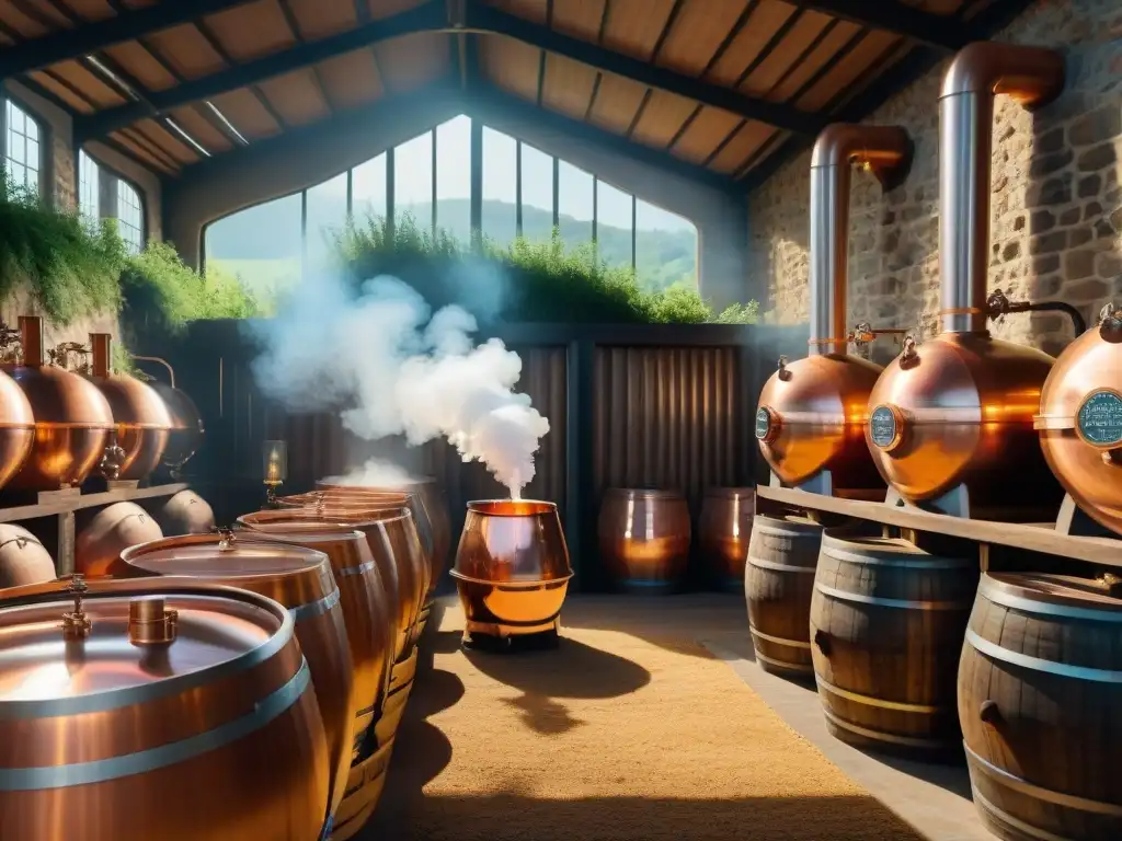 Destilería tradicional: alambique de cobre y barricas en paisaje encantador Avances tecnológicos en destilación alcohólica: destilería tradicional con alambique de cobre y barricas de whiskey en campo pintoresco