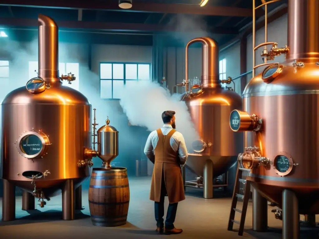 Destilería moderna: fusión de innovación y tradición Avances tecnológicos en destilación alcohólica: Ilustración detallada de una destilería moderna fusionando innovación y tradición