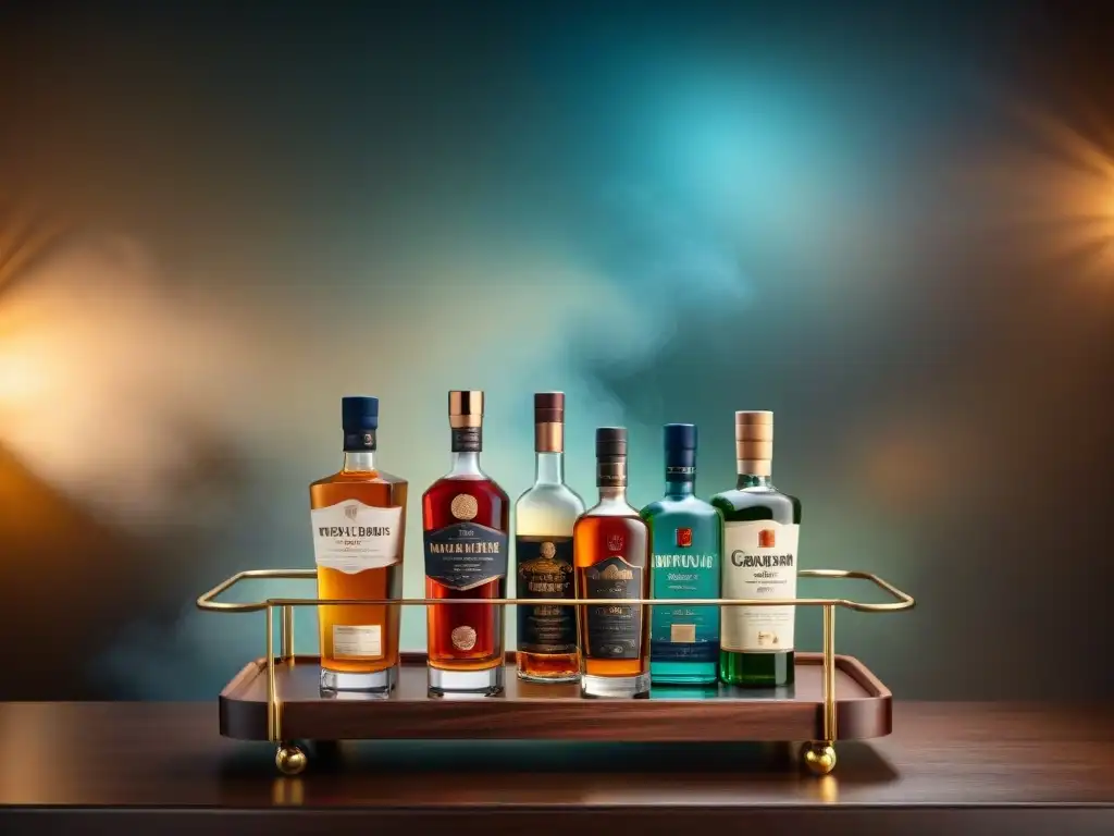 Bar cart elegante con licores sin alcohol exquisitamente diseñados Bar cart elegante con destilados sin alcohol estilo de vida en hogar acogedor iluminado cálidamente