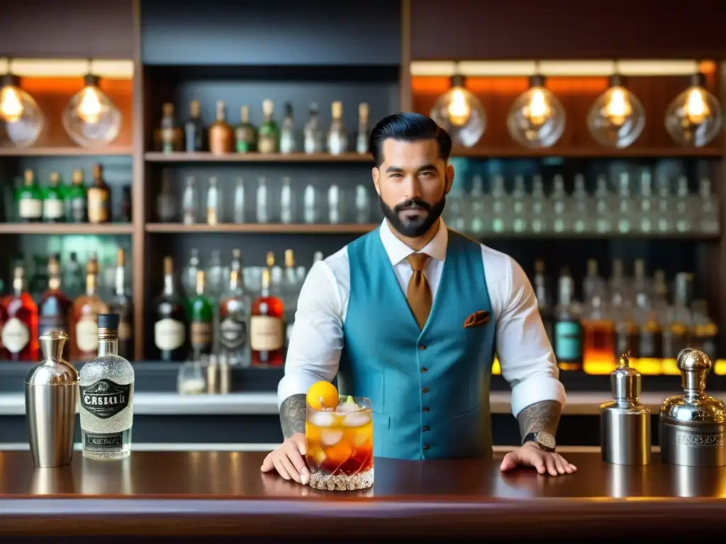 Arte efervescente: coctelería vintage con técnica de carbonatación Un bar vintage con un bartender experto en técnicas de carbonatación en cocteles, creando una bebida burbujeante