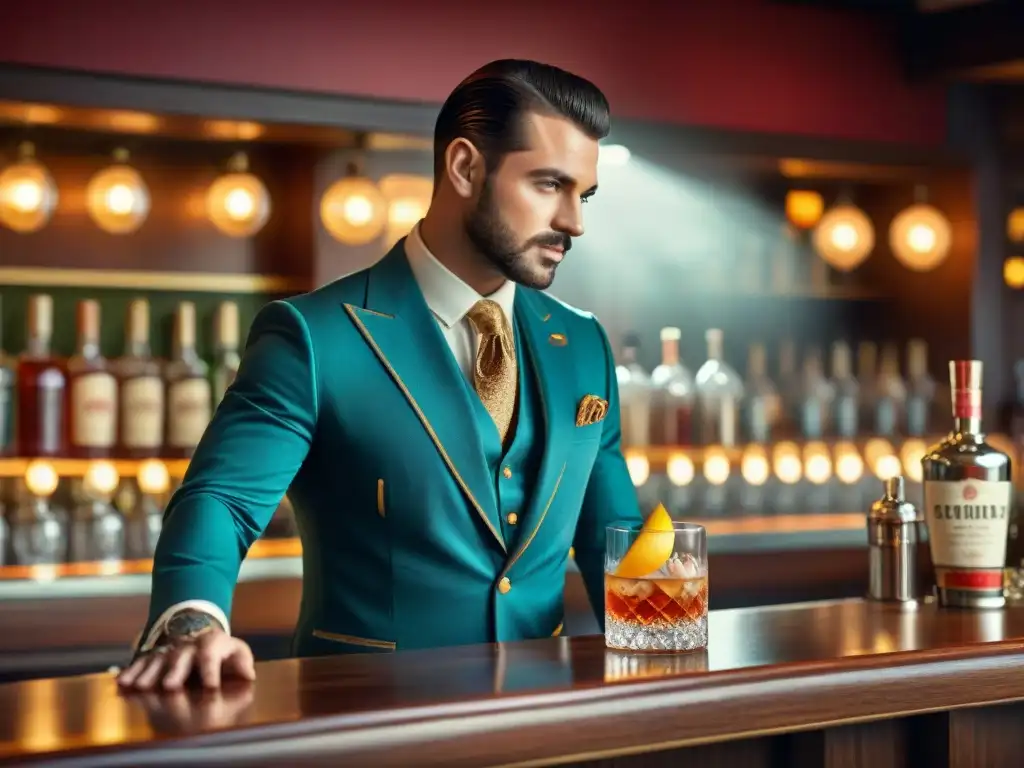 Bartender de lujo preparando cocteles sin alcohol Un barman detallado elaborando destilados sin alcohol para cócteles en un ambiente clásico y elegante