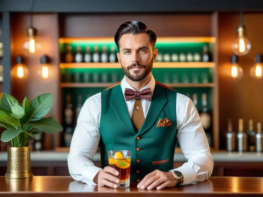 Bartender elegante en bar vintage Un barman elegante mezcla cócteles en un ambiente clásico y acogedor