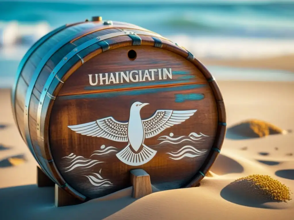 Barrel vintage medio enterrado en la playa: detalle marino Un barril de madera envejecido con grabados náuticos, semienterrado en la arena de una playa soleada