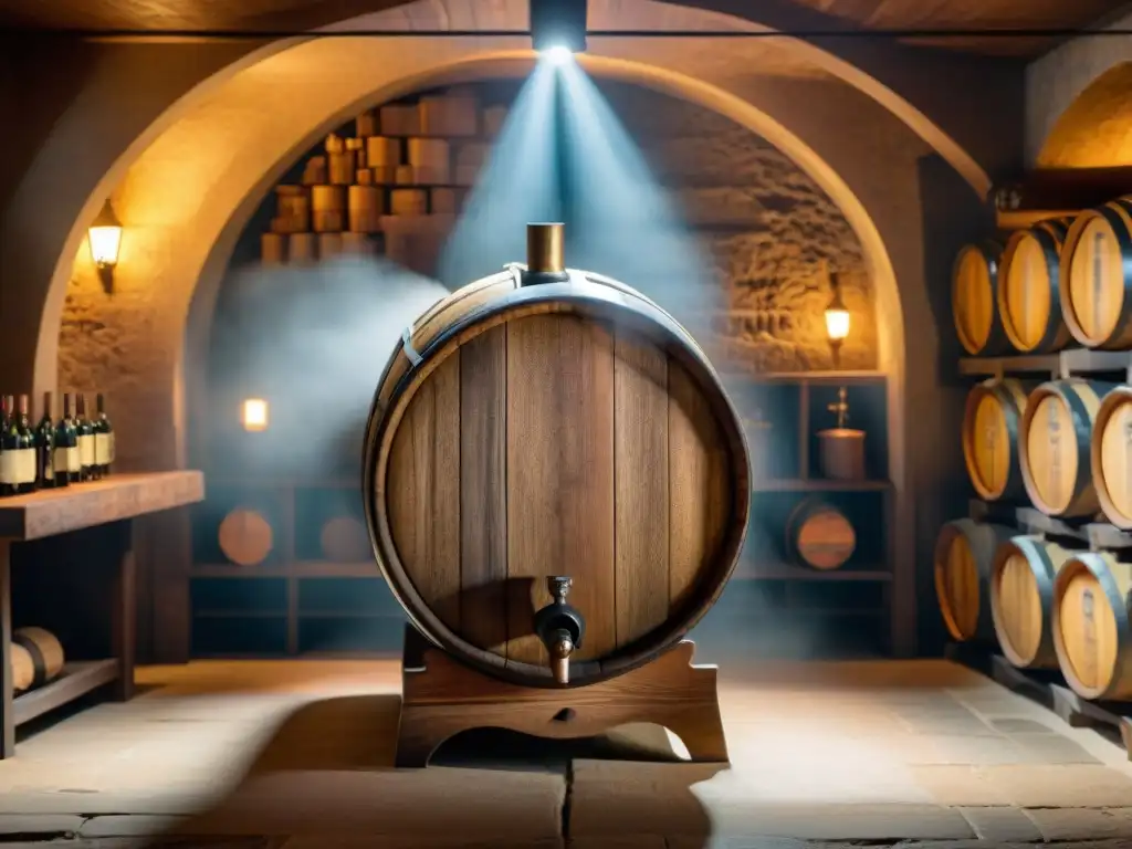 Barrel centenario: tradición y elegancia en bodega histórica Un barril de roble centenario en una bodega iluminada, símbolo de tradición y tiempo