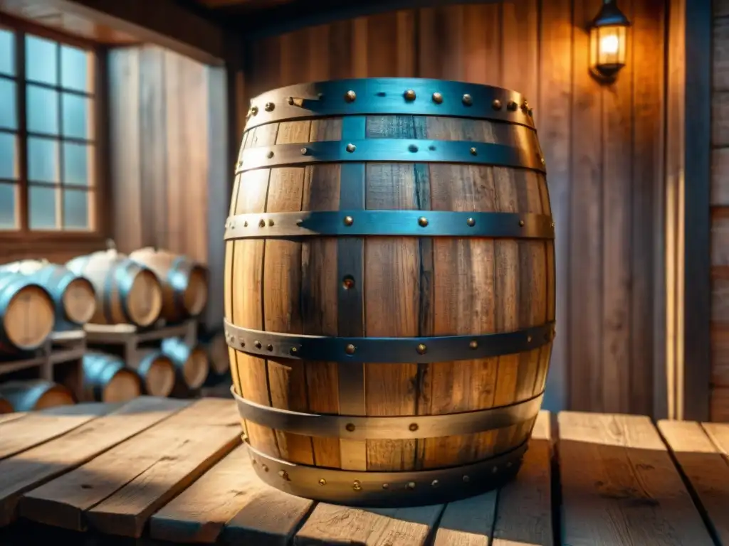 Detalles envejecidos de barrica de roble en bodega Un barril de roble envejecido para destilados, con detalles vintage y atmósfera nostálgica en una bodega rústica iluminada tenue