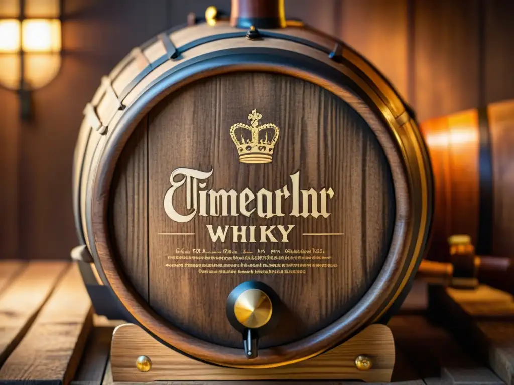 Barrel de roble: historia y tradición en cada veta Un barril de roble vintage para maridaje de whiskys con barriles, con tonos marrones y dorados, textura rugosa y patrones de vetas
