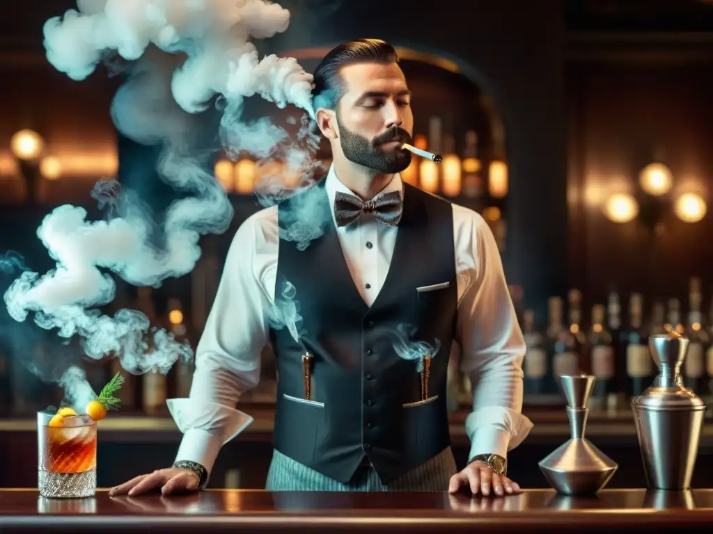 Exquisita coctelería ahumada por experto bartender Un bartender elegante experto en técnicas para ahumar cócteles crea una obra maestra en un bar atmosférico