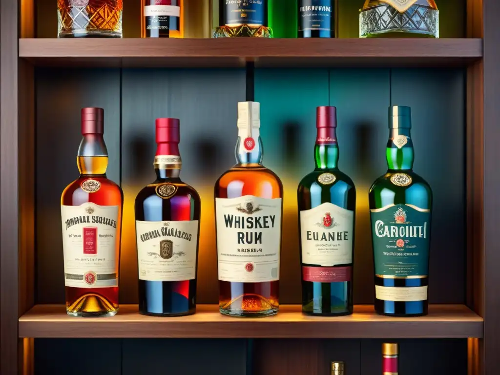 Exclusiva colección de licores vintage detallados Gestión colección bebidas alcohólicas: Colección exclusiva de licores finos en estantería de madera con iluminación cálida y detalladas etiquetas