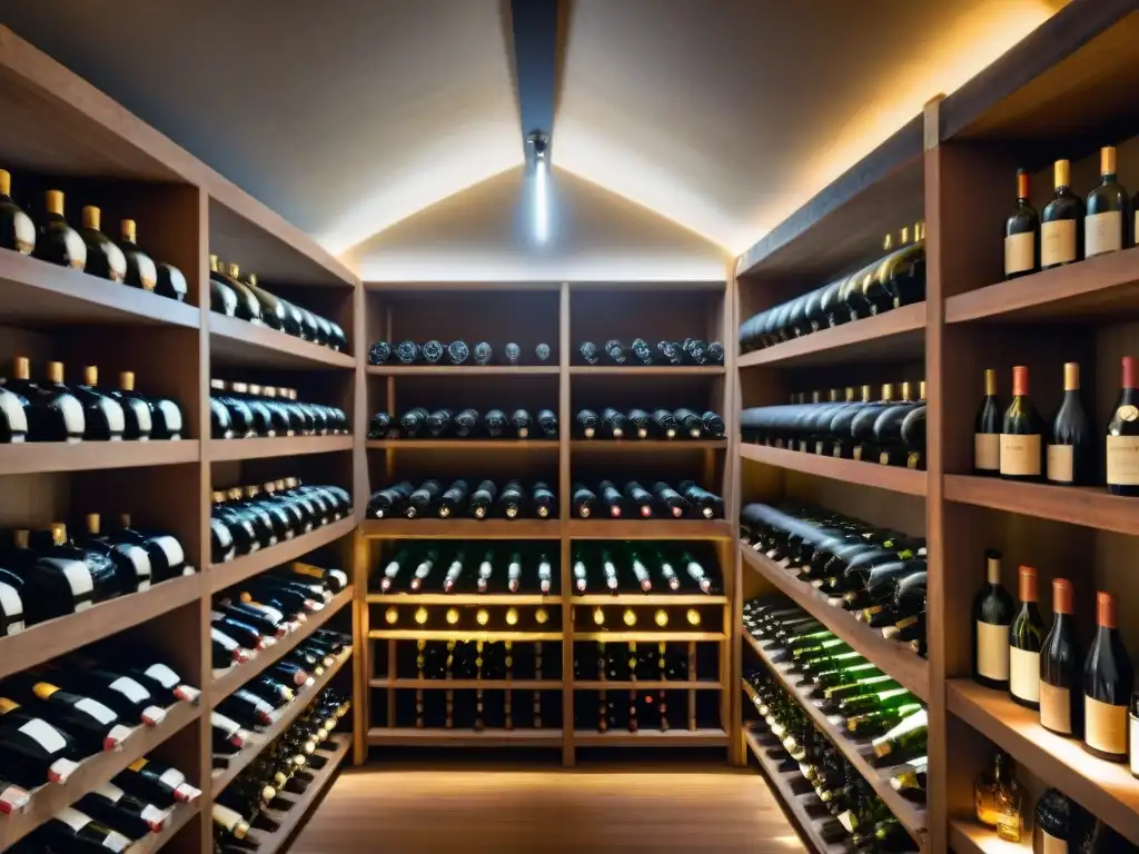 Bodega de vinos vintage: historia y sofisticación en cada botella Colección de bebidas en bodega iluminada, con botellas vintage organizadas en estantes de madera