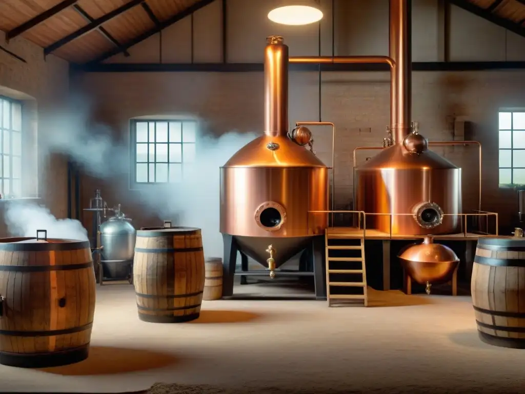 Detallada ilustración vintage de destilería tradicional en 8K Biotecnología en destilación de bebidas: ilustración detallada de una destilería tradicional con trabajadores, barriles y herramientas antiguas