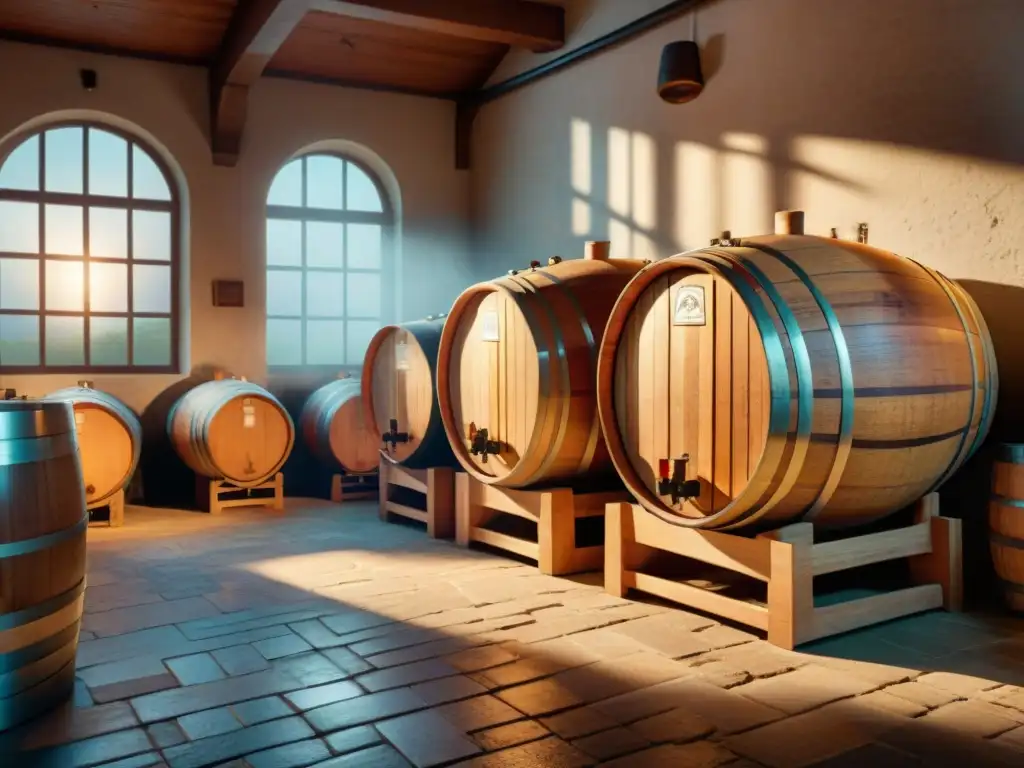Destilación ancestral: bodega con barricas de roble en penumbra Una bodega antigua con barricas de roble, destilando vino