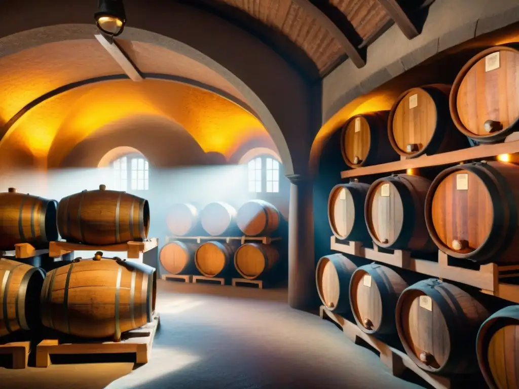 Antigua bodega de vinos: tradición y elegancia Una bodega antigua iluminada con barricas de madera adornadas con detalles de cobre y tallados, evocando técnicas envejecimiento destilados modernas