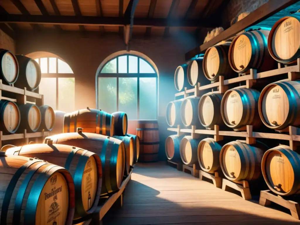 Antigua bodega de barricas: magia y tradición Una bodega de barriles de licor vintage, con etiquetas detalladas, iluminada por el sol