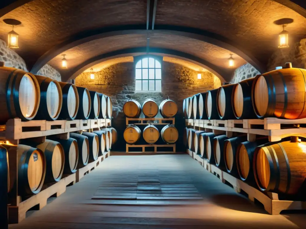 Bodega histórica de destilería del 1900 con barricas en penumbra Una bodega de destilación de bebidas alcohólicas históricas del siglo XIX, iluminada por linternas, con barricas envejecidas y marcas reconocidas