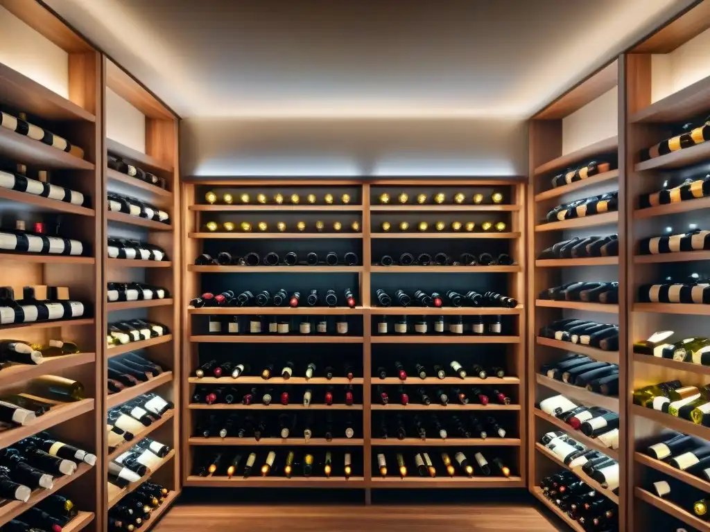 Cava de vinos vintage: colección elegante y meticulosa Una bodega elegante y vintage con meticulosas filas de botellas de vino, iluminada por cálidas luces colgantes