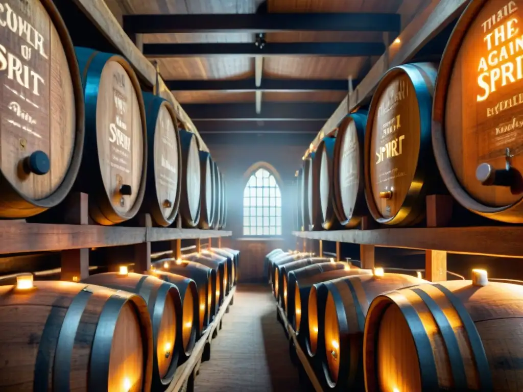 Barrels of Spirits: Bodega Encantada con Detalles Únicos Una bodega iluminada por velas, con barricas de roble envejecido etiquetadas con caligrafía detallada