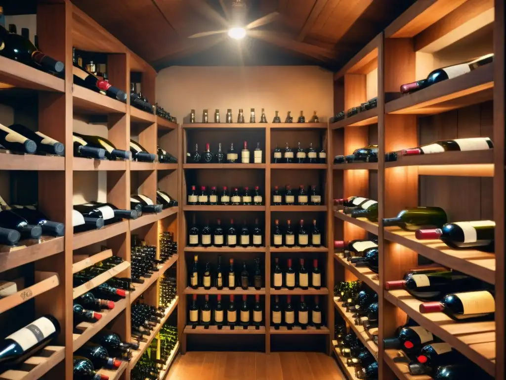 Exquisita bodega de vinos vintage: lujo y tradición Una bodega de madera oscura con botellas de vino vintage perfectamente organizadas en estantes, iluminada por una luz cálida y polvo en suspensión
