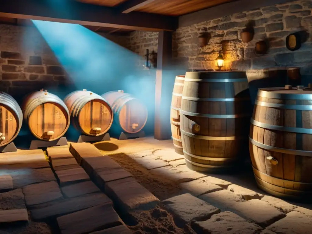 Antigua bodega de barriles de licor en luz cálida Una bodega oscura llena de barriles de licores antiguos, iluminada por rayos de sol