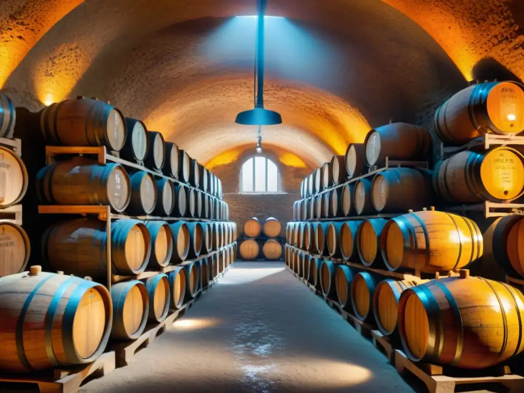 Misteriosa bodega subterránea con barricas de roble y luz ámbar Una bodega subterránea antigua y misteriosa, llena de barricas de madera iluminadas por un cálido resplandor ámbar