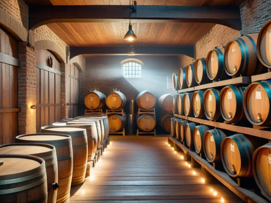 Antigua bodega de barriles de roble en alta definición Una bodega tradicional con barriles de roble envejeciendo licores, iluminada por luz cálida filtrada
