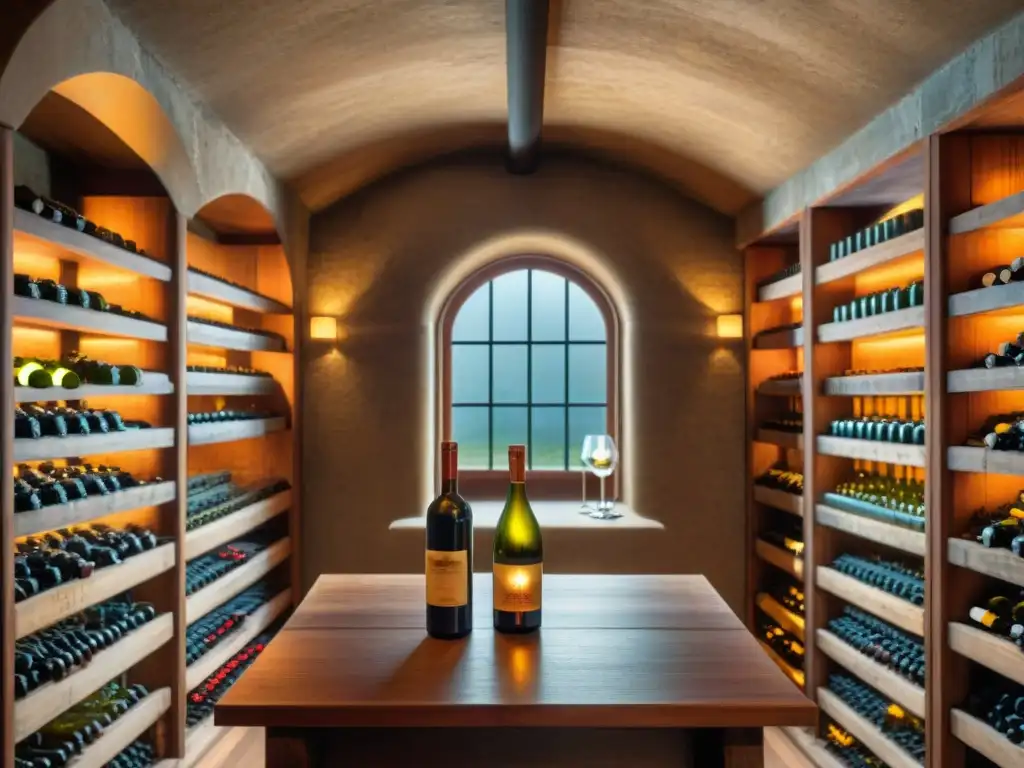 Vinoteca vintage: historia y tradición en botellas Una bodega vintage con botellas de vino perfectamente conservadas