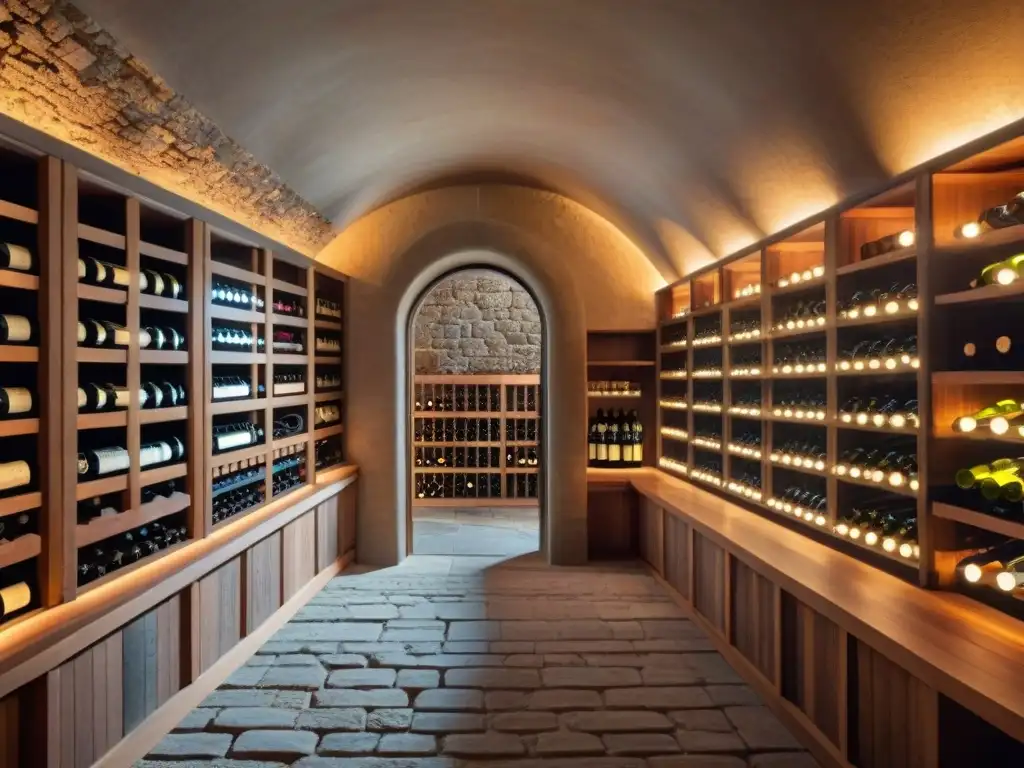 Vinoteca vintage: evocando historia y elegancia en 8k Una bodega vintage con colección de vinos organizados en estantes de madera, iluminada cálidamente
