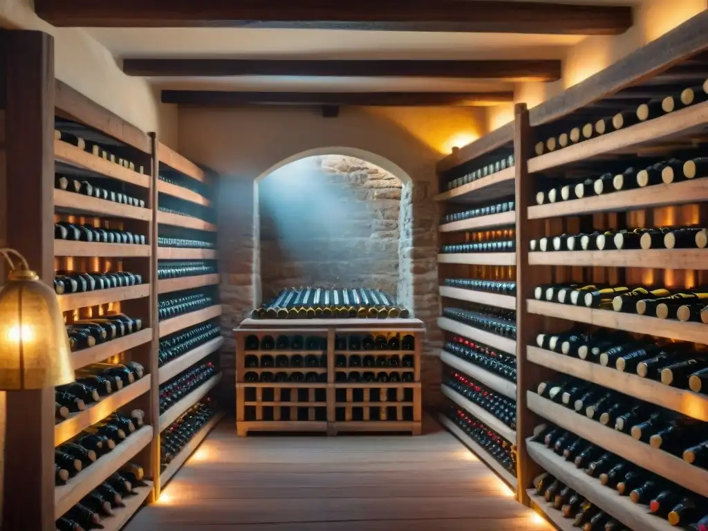 Cava de vinos vintage: tradición y encanto en 8k Una bodega vintage bien conservada llena de botellas de vino en estantes de madera, con encanto antiguo y luz tenue