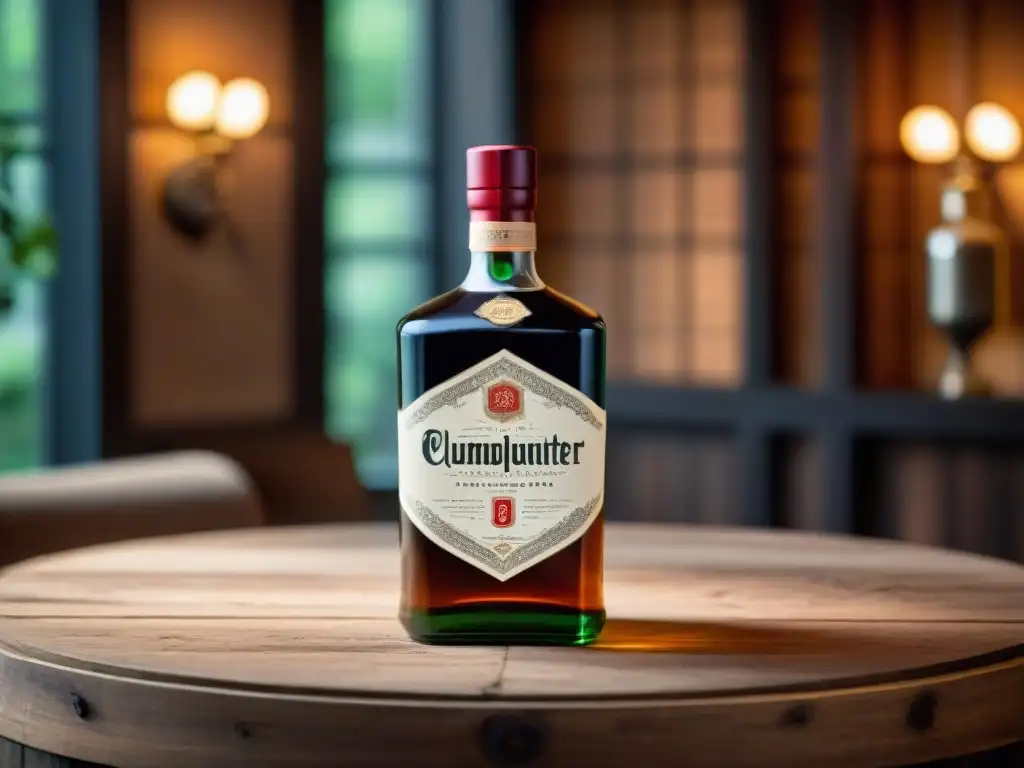 Botella de licor vintage: detalle artesanal y lujo histórico Botella de destilado vintage con diseño detallado y elegante, resaltando lujo y historia en un entorno rústico