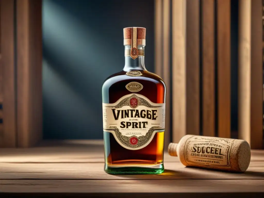 Diseño vintage: botella de licor detallada en madera rústica Una botella de destilados con diseño exitoso, detallado y vintage sobre una superficie de madera rústica