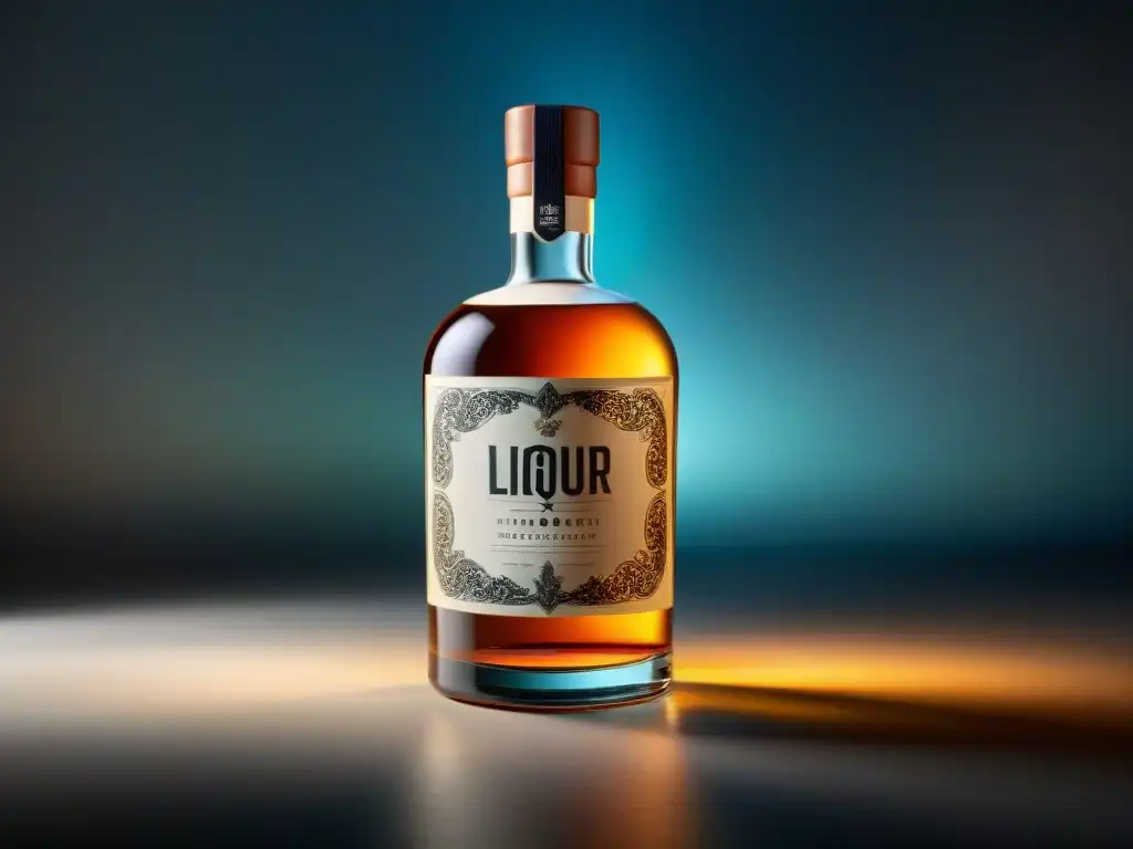 Botella de licor de vidrio minimalista con diseño de etiqueta único Una botella de licor innovadora con diseño único y elegante sobre fondo oscuro