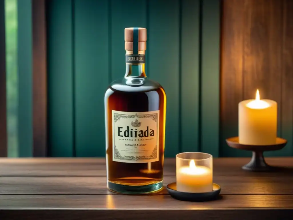 Una botella de licor vintage con detalle elegante y etiqueta 'Edición Limitada' sobre mesa rústica con velas
