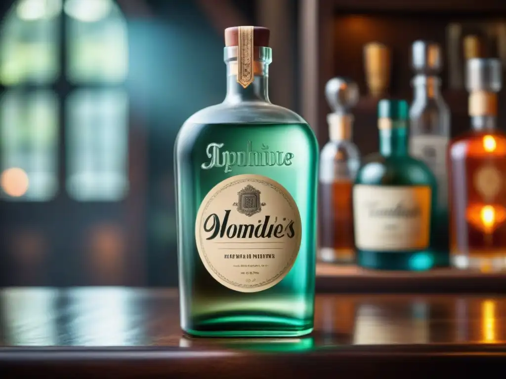 Botella vintage de agua: mixología nostálgica Botella de vidrio antigua con agua clara, rodeada de utensilios de bar vintage en un ambiente cálido