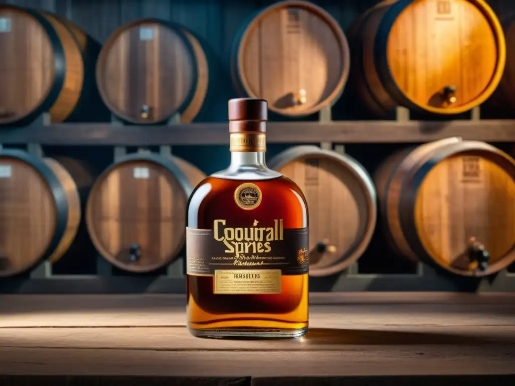 Destilando historia: botella de licor vintage en bodega sombría Una botella vintage de licor de vidrio, iluminada por un cálido foco en una destilería