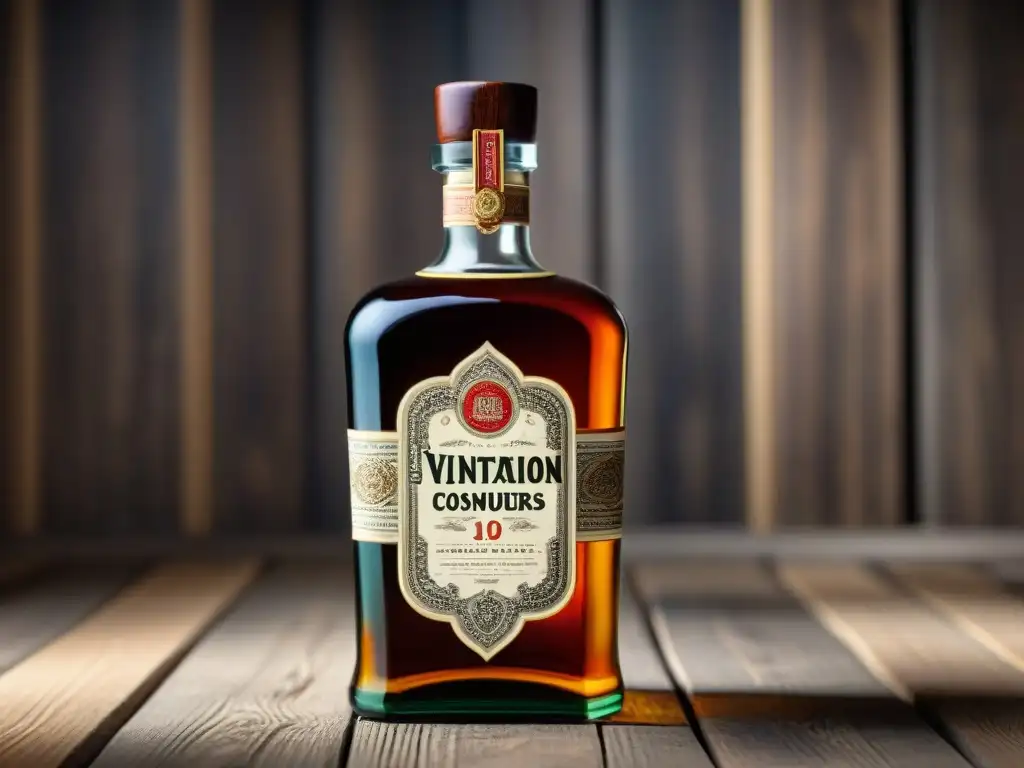 Diseño de botella de licor vintage: elegancia y sofisticación Una botella de diseño vintage con patrones detallados y etiquetas ornamentadas en una superficie de madera envejecida