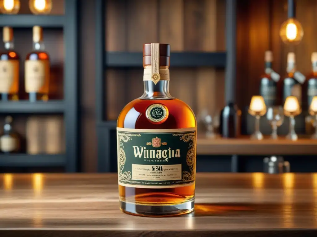 Botella de whisky vintage con detalles elegantes en barra rústica Una botella de whiskey vintage con detalles elegantes y diseño exitoso en un mostrador de madera rústico