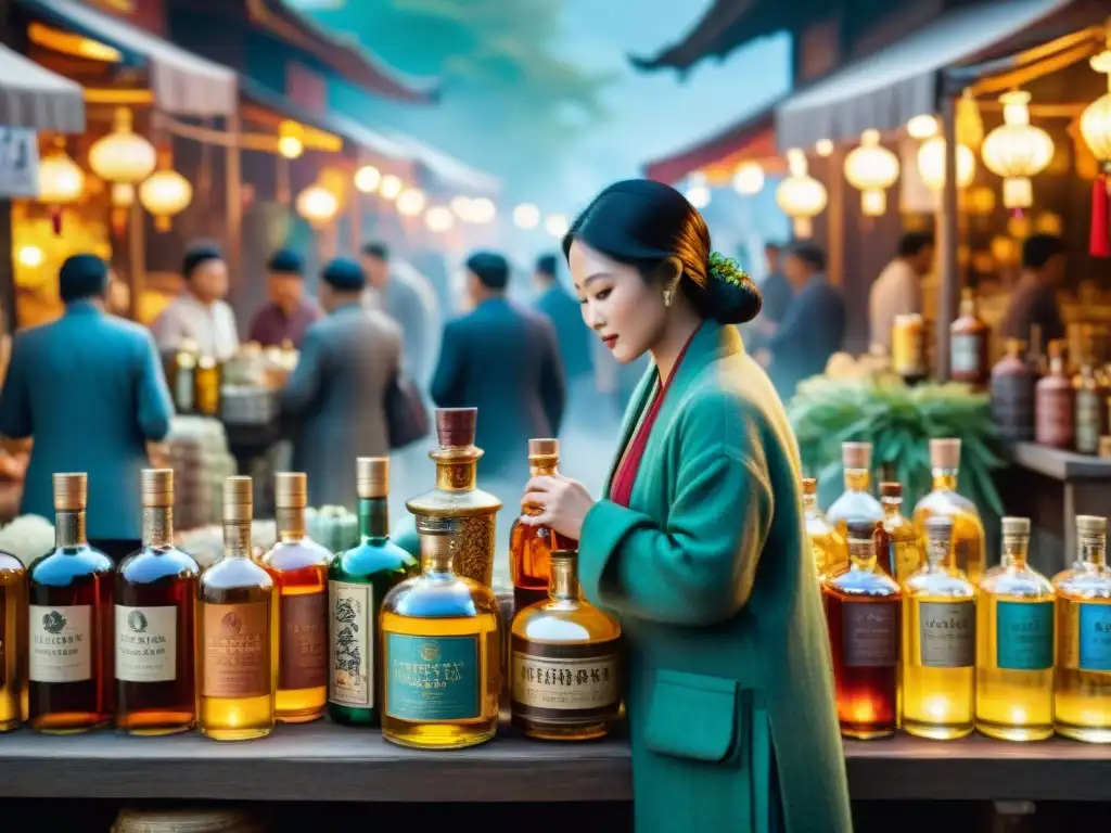 Un bullicioso mercado asiático con destilados más populares en Asia en botellas ornamentadas, reflejando la riqueza cultural de la región