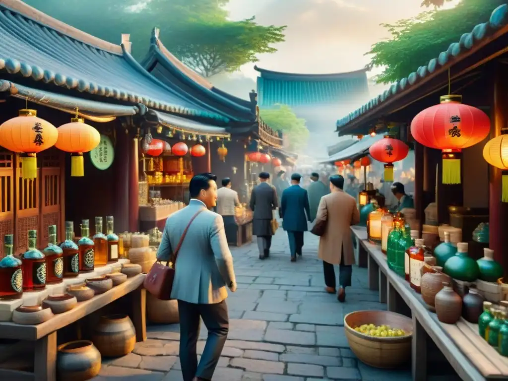 Un bullicioso mercado asiático con los destilados más populares en Asia
