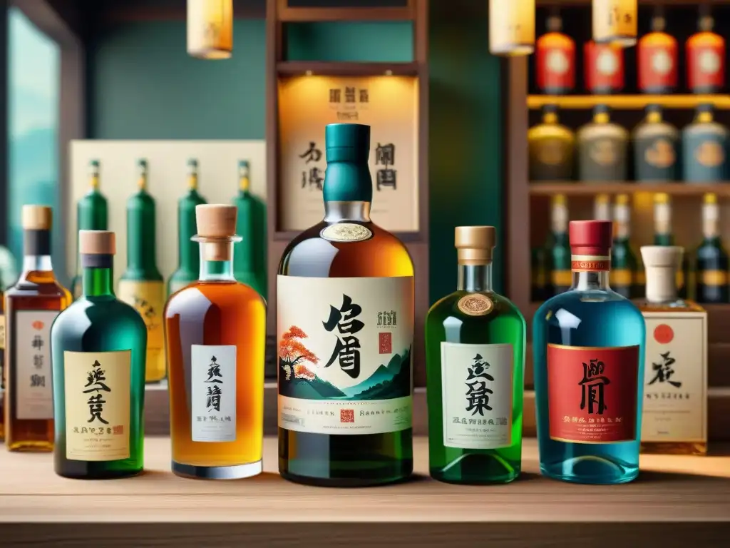 Un bullicioso mercado asiático lleno de destilados populares como sake, soju, baijiu y kaoliang