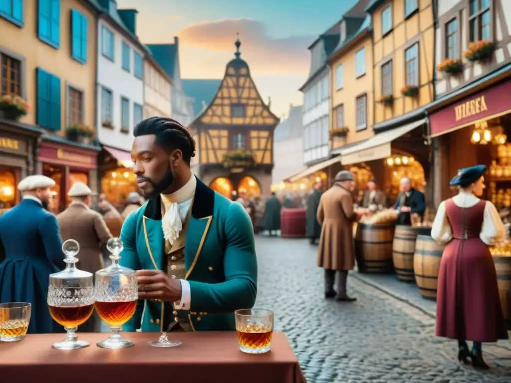 Mercado europeo del siglo XVIII: Brandy, negocios y elegancia Un bullicioso mercado europeo del siglo XVIII con impacto social del brandy en Europa
