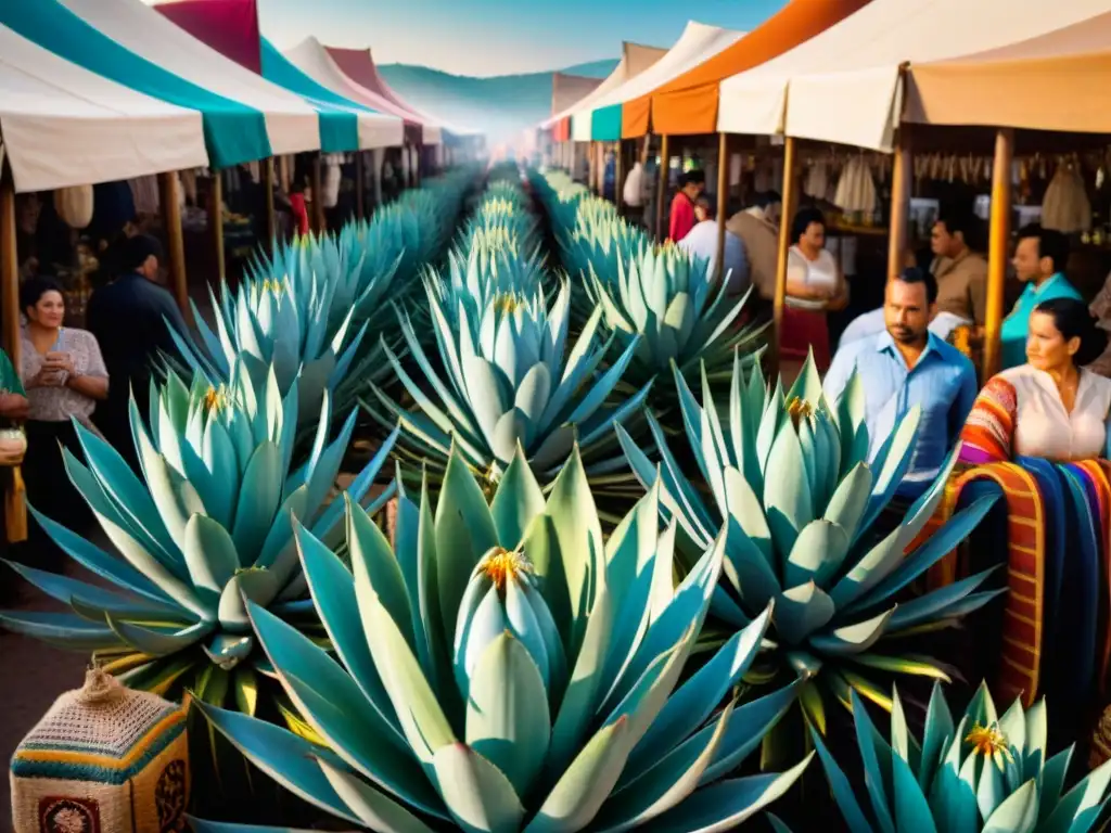 Mercado Mexicano de Agaves: Coloridas Texturas y Espíritus Tradicionales Un bullicioso mercado mexicano repleto de destilados de agave variedad y textiles tradicionales coloridos