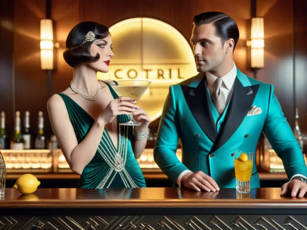 Élégante pareja disfrutando cocteles en bar de los años 20 Un caballero y una dama sofisticados disfrutan de cócteles en un elegante bar de los años 20, evocando armonía destilados mixers experto