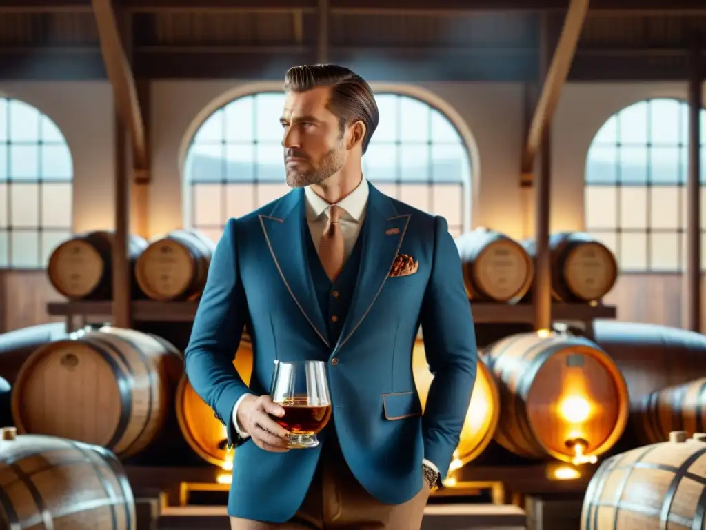 Destilando tradición: Elegante caballero en destilería vintage Un caballero en una destilería clásica, con traje elegante, sosteniendo un vaso de whisky