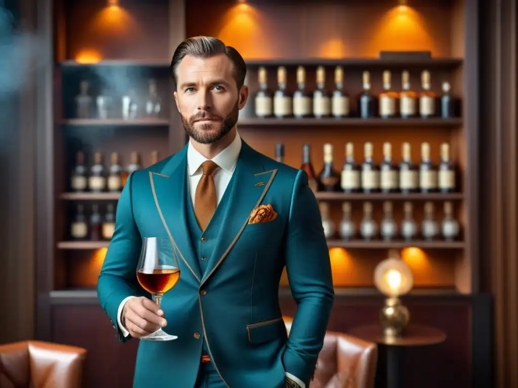 Retrato de lujo: Caballero elegante con brandy ámbar en entorno vintage Un caballero distinguido en un elegante escenario vintage, sostiene un vaso de brandy