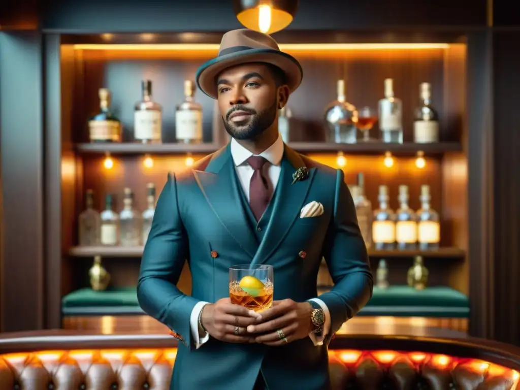 Imagen vintage de caballero elegante en bar londinense con gin Un caballero elegante en un bar clásico de Londres, disfrutando de una cata premium de ginebra