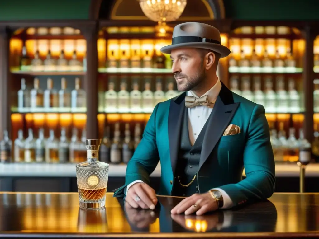 Gin Premium en Londres: Elegancia y Exclusividad Un caballero elegante disfruta de una cata premium de ginebra en un lujoso bar de Londres