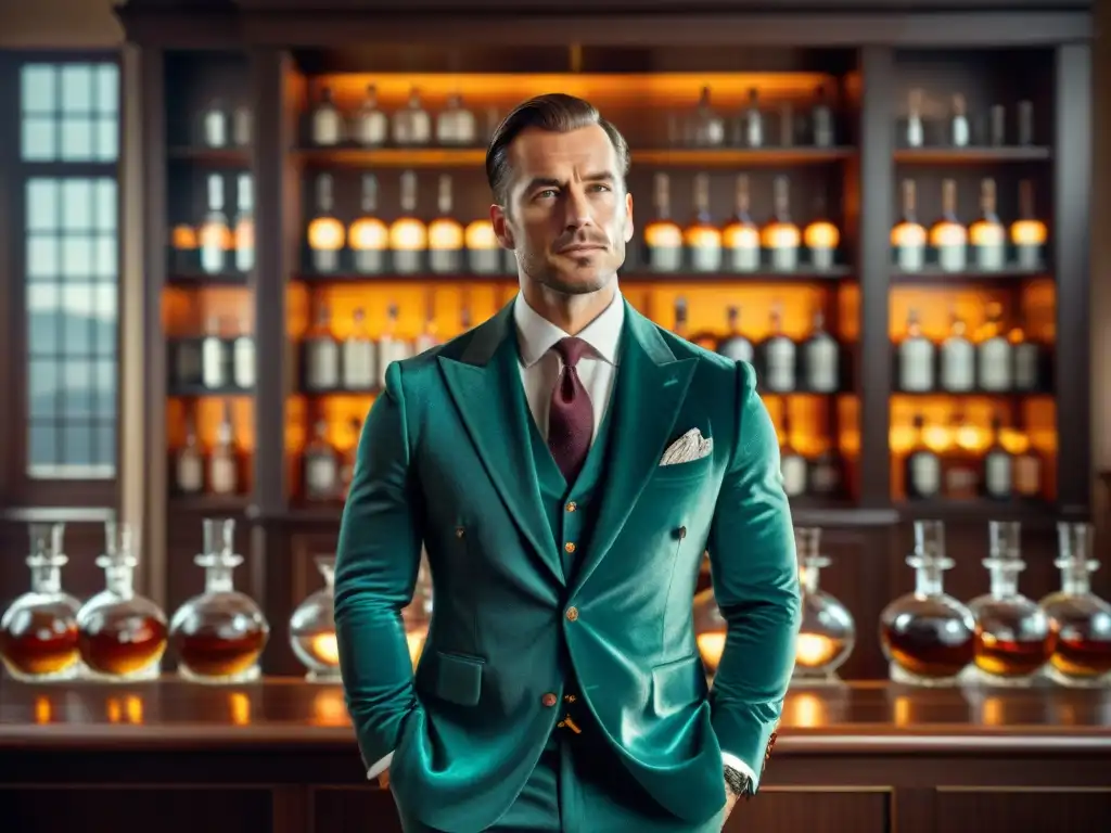 Connoisseur de whisky disfrutando el aroma en ambiente elegante Un caballero sofisticado disfruta los aromas de un whisky en elegante ambiente, destacando la importancia de los sentidos destilados