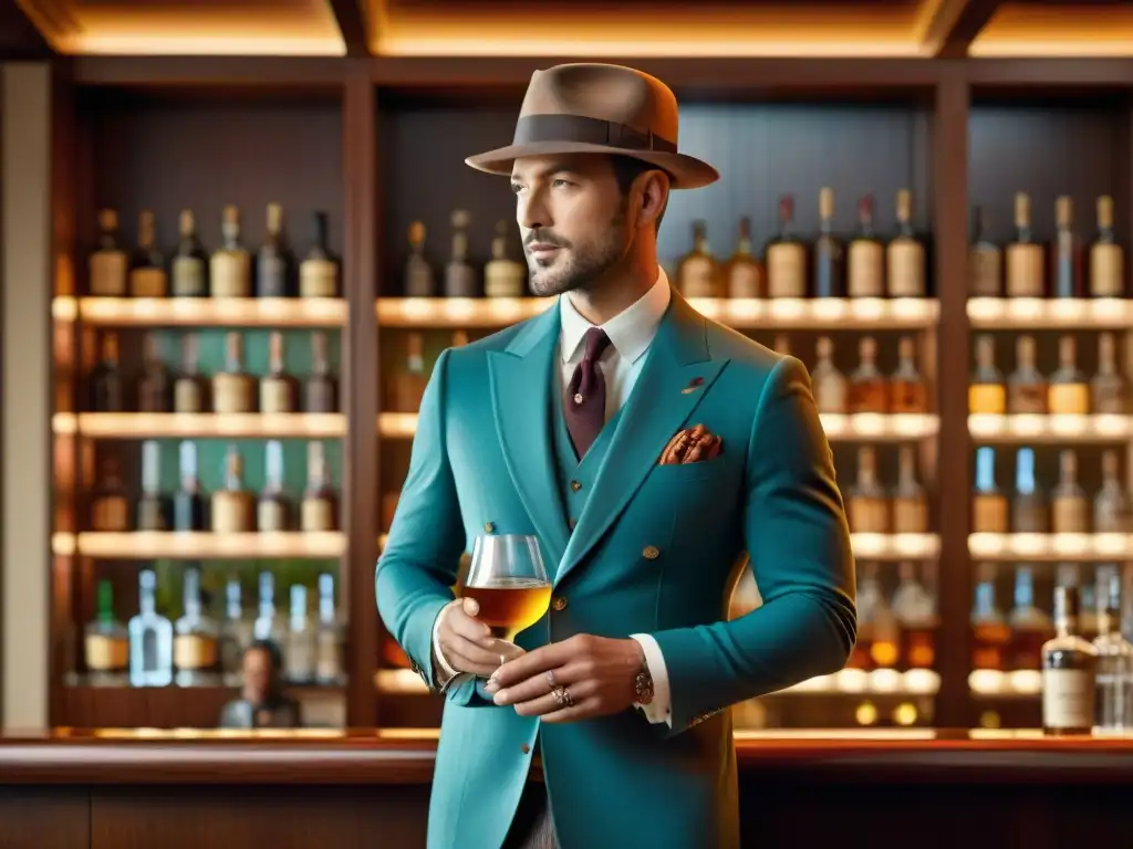 Un caballero sofisticado disfruta de un destilado premium en un elegante bar